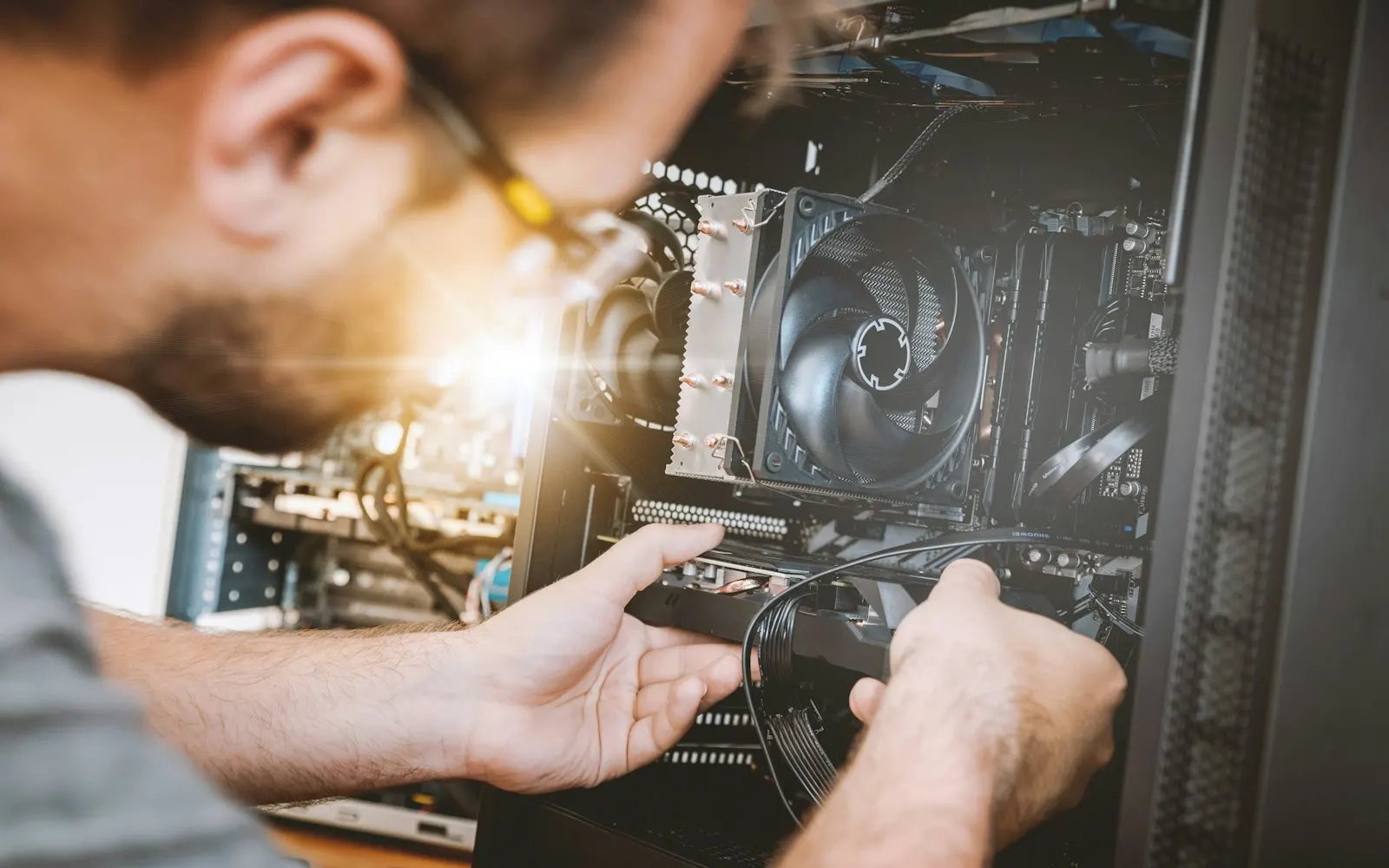 Technician testing computer hardware
